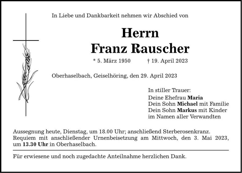 Traueranzeige Franz Rauscher