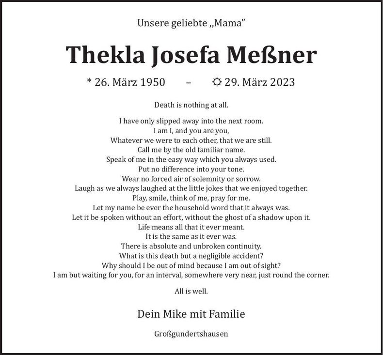 Traueranzeige Thekla Josefa Messner