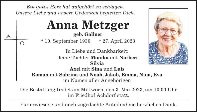 Traueranzeige Anna Metzger