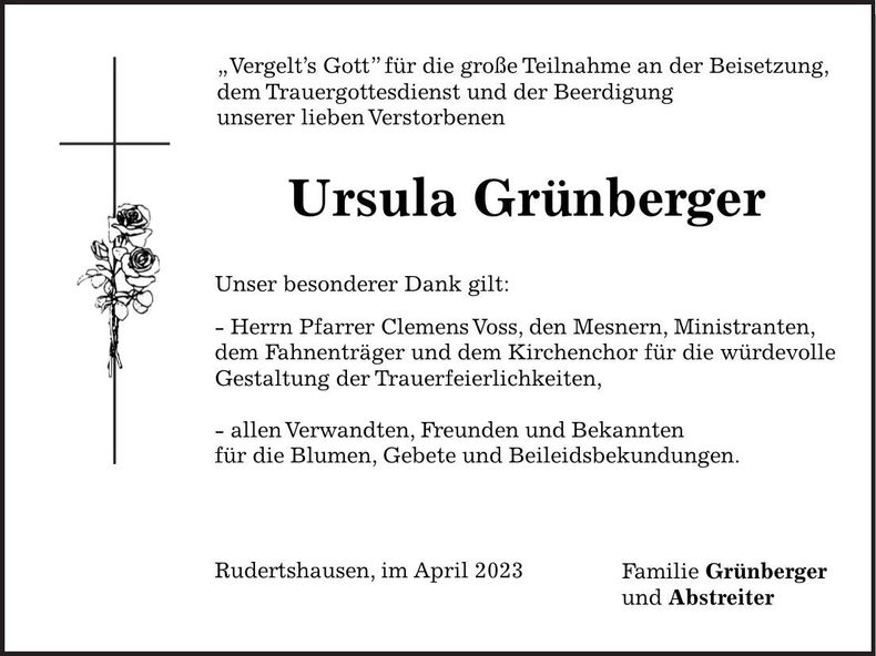 Traueranzeige Ursula Grünberger