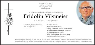 Traueranzeige Fridolin Vilsmeier