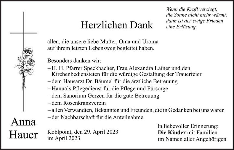 Traueranzeige Anna Hauer