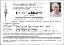 Traueranzeige Helga Gebhardt