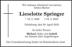 Traueranzeige Lieselotte Springer