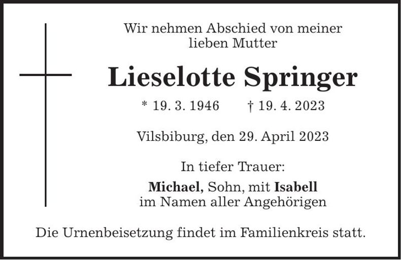 Traueranzeige Lieselotte Springer