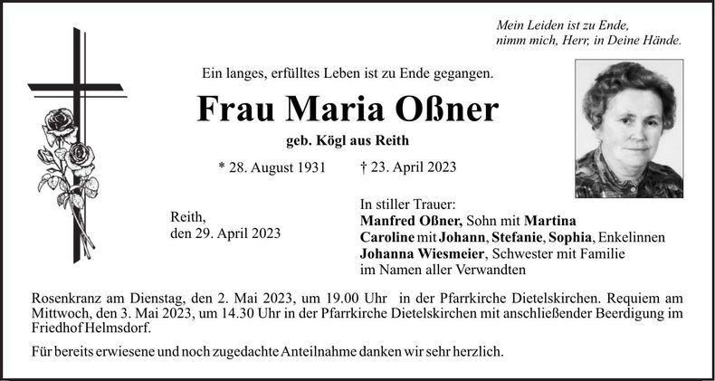 Traueranzeige Maria Oßner