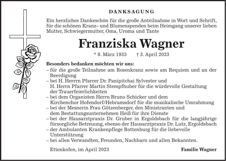 Traueranzeige Wagner Franziska