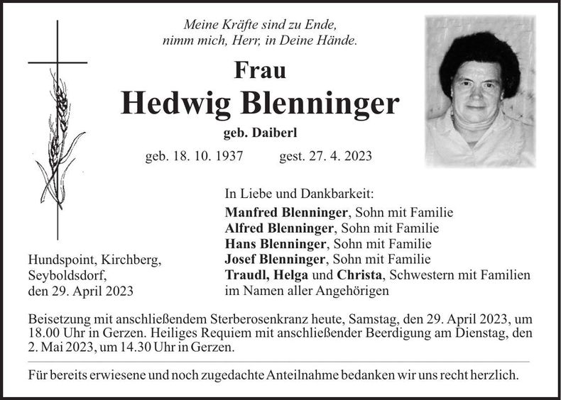 Traueranzeige Hedwig Blenninger