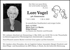 Traueranzeige Lore Vogel
