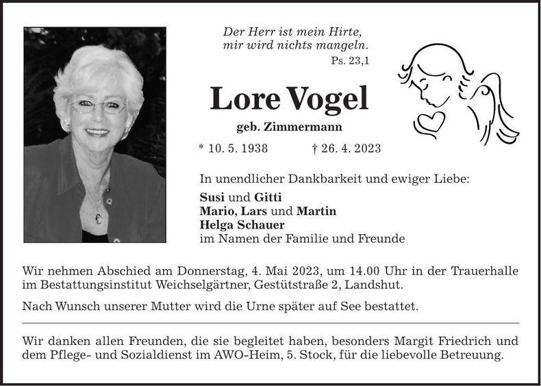 Traueranzeige Lore Vogel