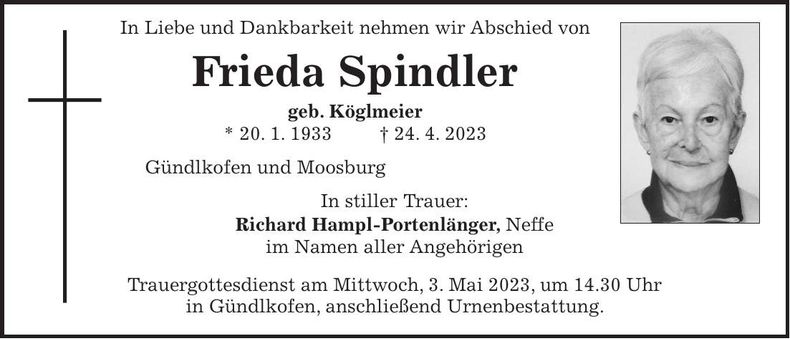 Traueranzeige Frieda Spindler