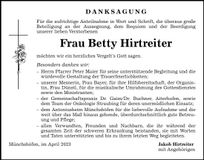 Traueranzeige Betty Hirtreiter