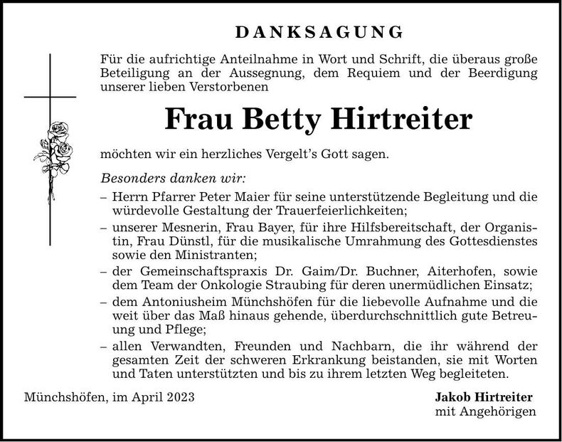 Traueranzeige Betty Hirtreiter