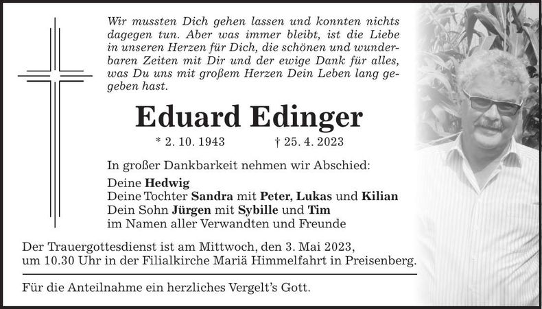 Traueranzeige Eduard Edinger
