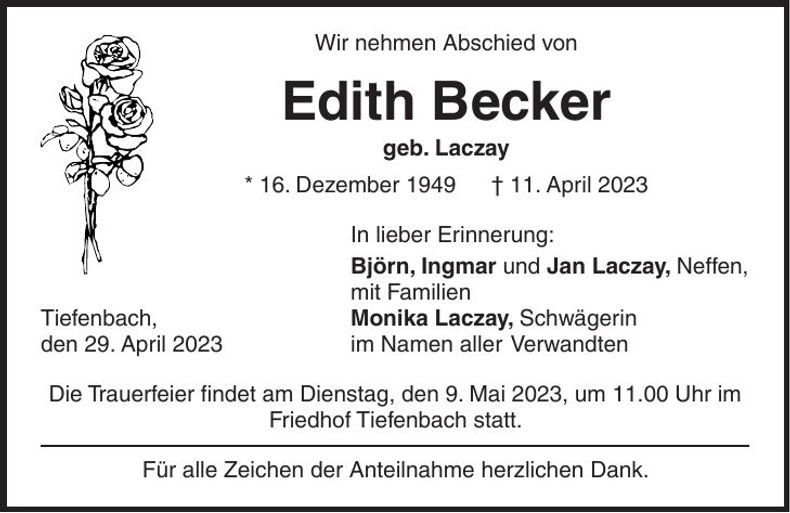 Traueranzeige Edith Becker