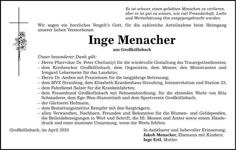 Traueranzeige Inge Menacher