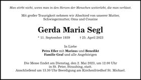 Traueranzeige Gerda Maria Segl