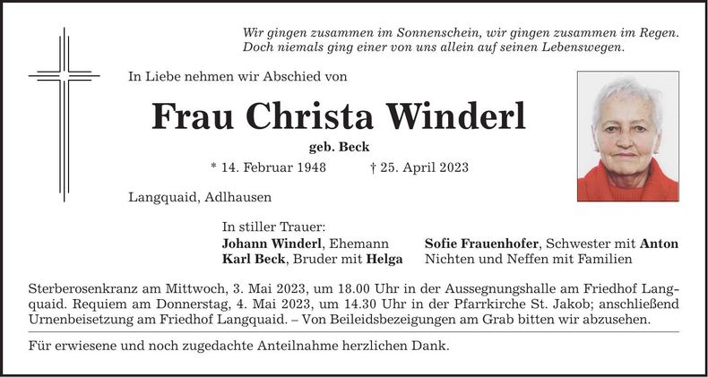 Traueranzeige Christa Winderl