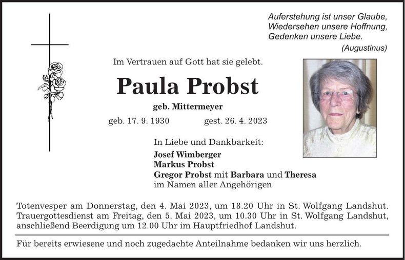 Traueranzeige Paula Probst