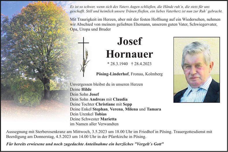 Traueranzeige Josef Hornauer
