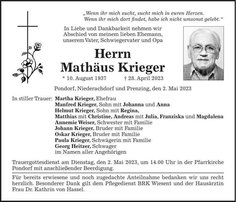 Traueranzeige Mathäus Krieger