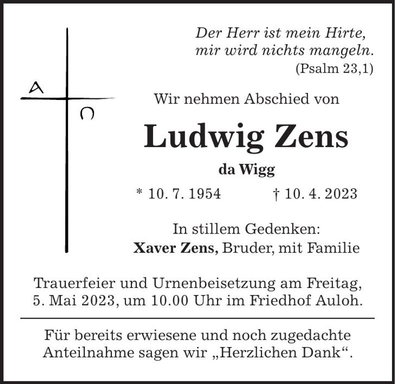 Traueranzeige Ludwig Zens