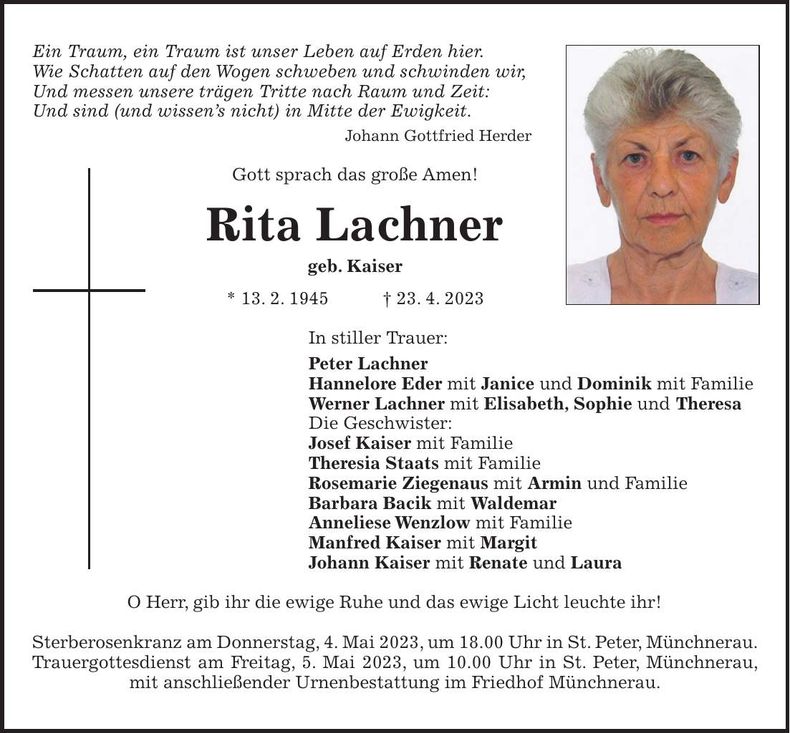 Traueranzeige Rita Lachner