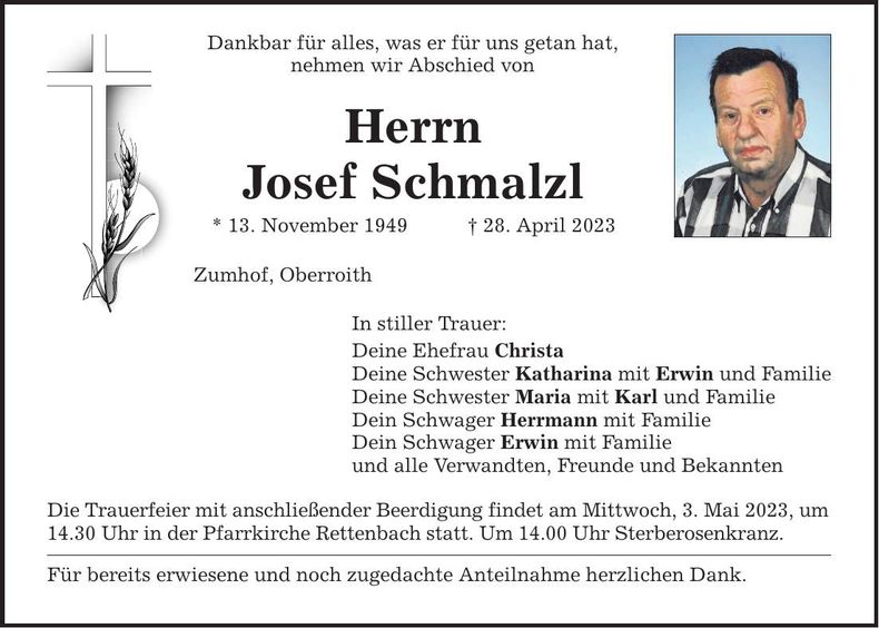 Traueranzeige Josef Schmalzl
