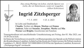 Traueranzeige Ingrid Zitzlsperger