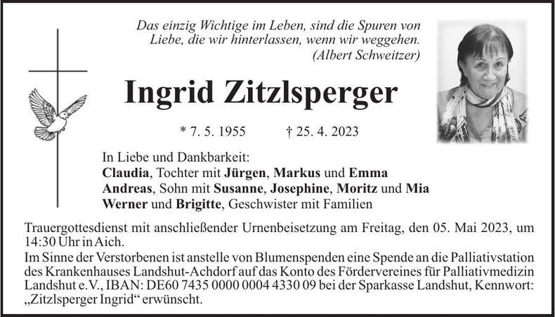 Traueranzeige Ingrid Zitzlsperger