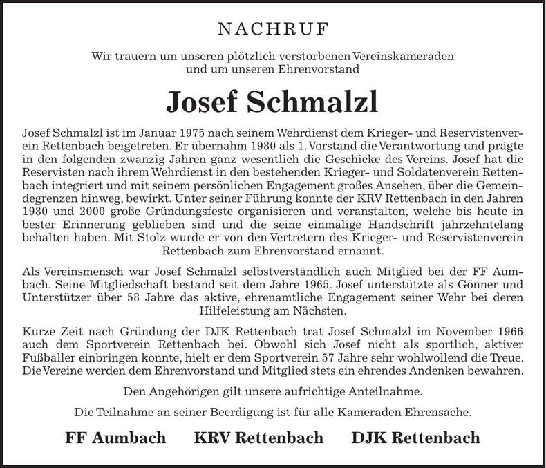 Traueranzeige Josef Schmalzl