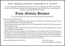 Traueranzeige Aloisia Reimer