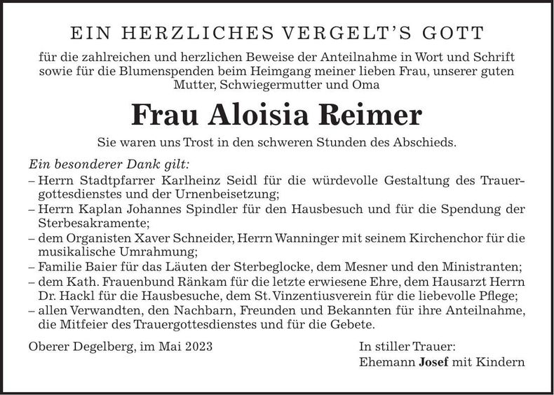 Traueranzeige Aloisia Reimer
