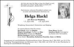 Traueranzeige Helga Hackl