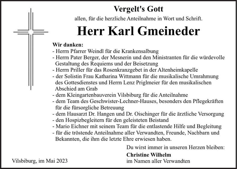 Traueranzeige Karl Gmeineder