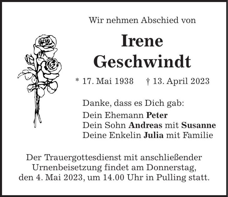 Traueranzeige Irene Geschwindt