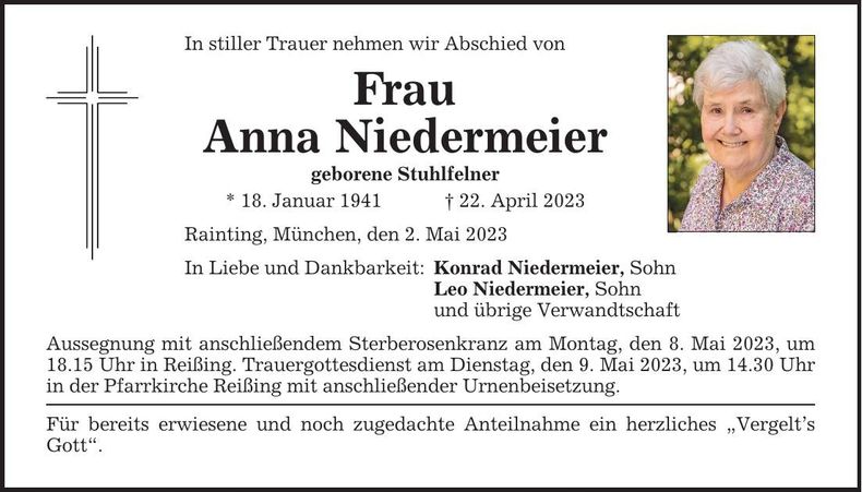 Traueranzeige Anna Niedermeier