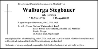 Traueranzeige Walburga Stegbauer