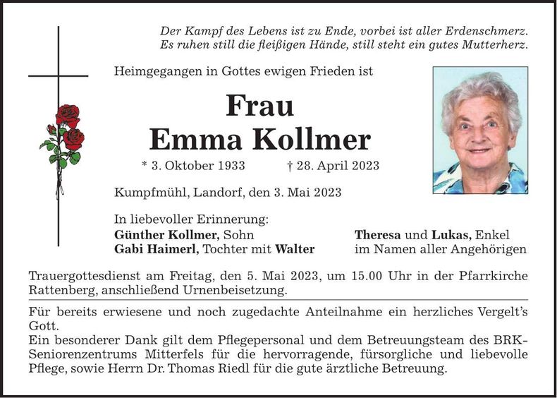 Traueranzeige Emma Kollmer