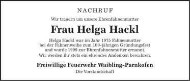Traueranzeige Helga Hackl