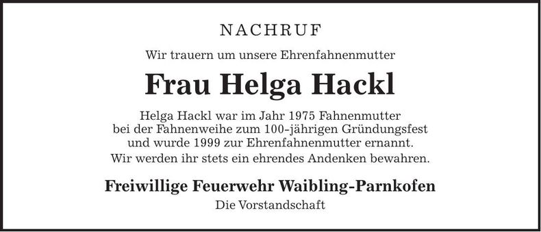 Traueranzeige Helga Hackl