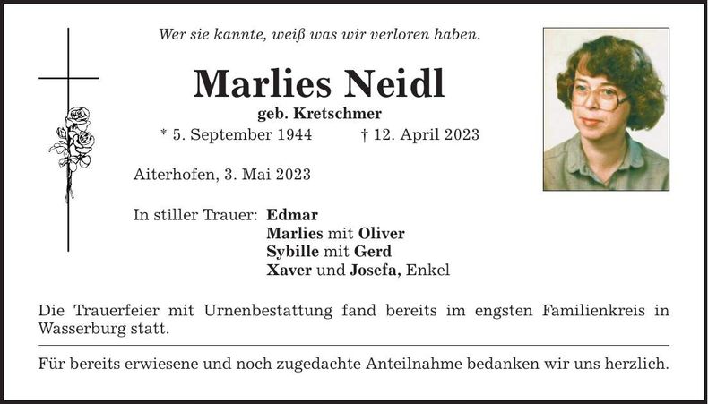 Traueranzeige Marlies Neidl