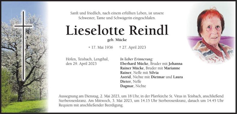 Traueranzeige Lieselotte Reindl