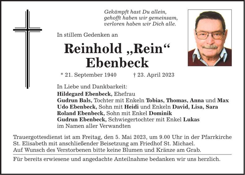 Traueranzeige Reinhold Ebenbeck