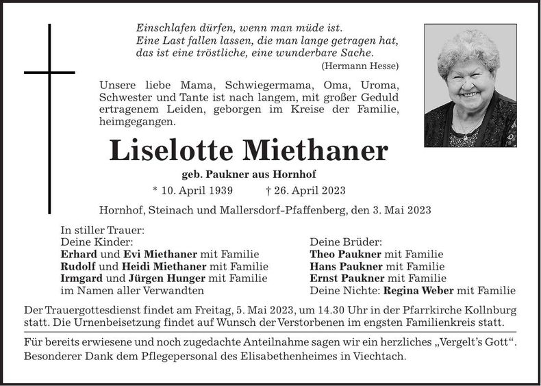 Traueranzeige Liselotte Miethaner
