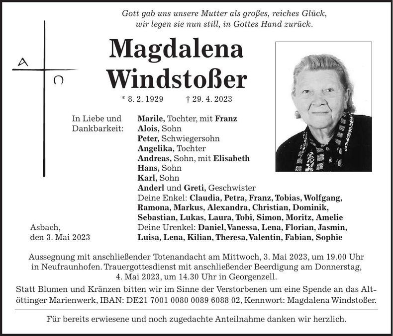Traueranzeige Magdalena Windstoßer