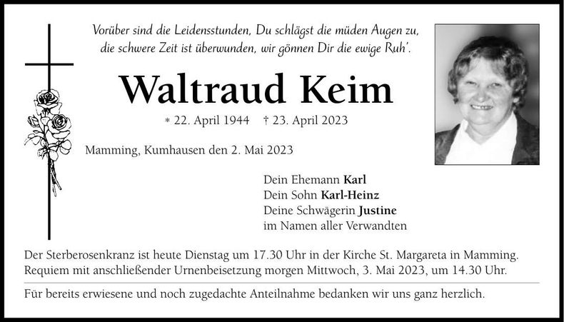 Traueranzeige Waltraud Keim