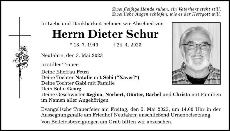 Traueranzeige Dieter Schur