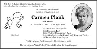 Traueranzeige Carmen Plank