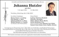 Traueranzeige Johanna Hutzler